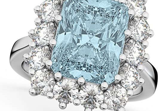 5.68ct Emerald Cut Aquamarine and Diamond Lady Di Ring 14K White Gold
