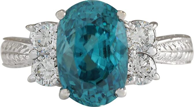 7.07 Carat Natural Blue Zircon and Diamond (F-G Color, VS1-VS2 Clarity) 14K White Gold Solitaire Ring
