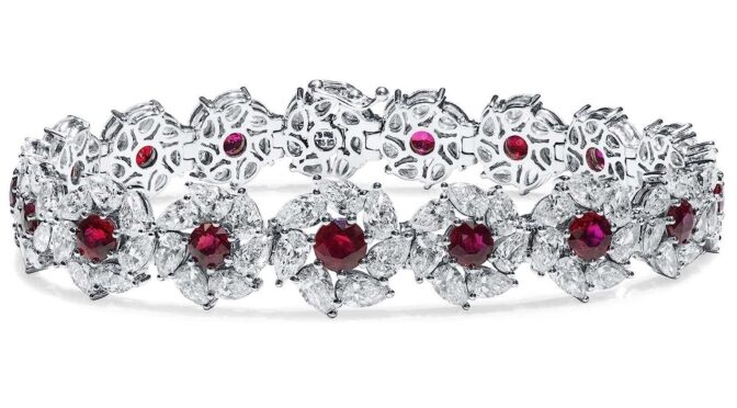 Natural Red Ruby Bracelet 6.16 Carat (19.31 Ct. TW) in 18K White Gold, Mis Shape, GRS Certified