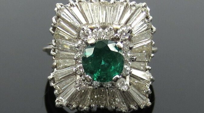 1950’s Retro 3.50ct Diamond & 1.0ct Colombian Emerald Platinum Ballerina Ring