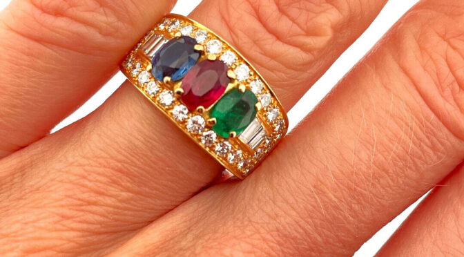 Bulgari Ruby Sapphire Emerald Diamond 1980s Ring 18K Gold Cigar Band