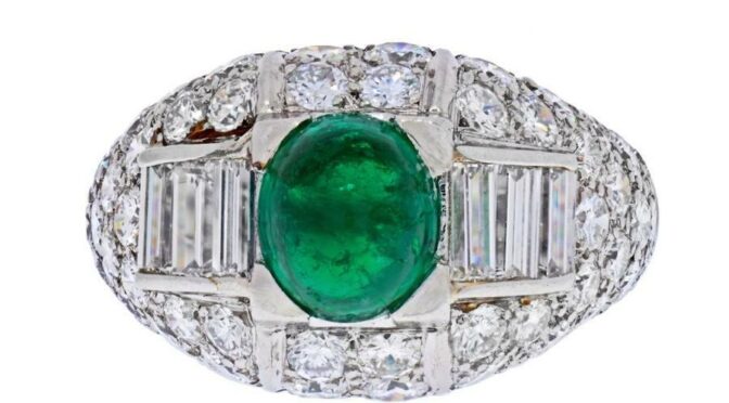 Cartier Platinum Cabochon Emerald and Diamond Ring Vintage