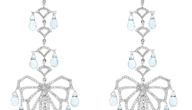 Rachel Koen Aquamarine And Diamond Chandelier Drop Dangle Earrings in White Gold