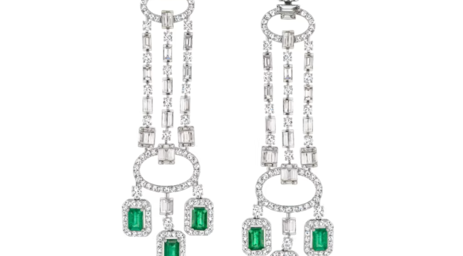 7.70 ct. t.w. Diamond and 6.00 ct. t.w. Emerald Chandelier Earrings in 18kt White Gold