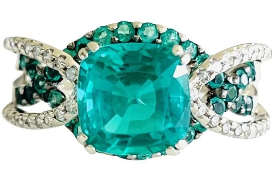 2ct Green Emerald Cushion Natural Diamond Solid 14k White Gold Estate Crossover Split-Band Statement Ring