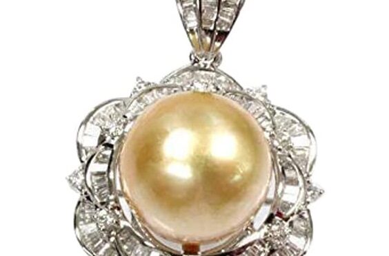 Jewelry by ARSA Solid 14k White Gold Pendant for Women Set with 13 mm Cultured Gold Freshwater Pearl & Natural 1.45 ctw Diamonds – Flower Drop Pendant