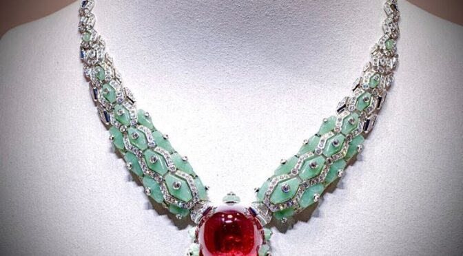 Cabochon Tourmaline, Jade and Diamond Platinum Necklace