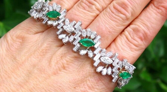 Vintage 4.63 Ct Emerald and 16.27 Ct Diamond Platinum and 18k Gold Bracelet