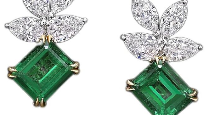 18K White & Yellow Gold Earrings 8.98 TCW, 6.03 ct. Emerald (Green, Eye Clean) with 1.59ct. Pear Shape & 1.36ct. Marquise Shape Diamond