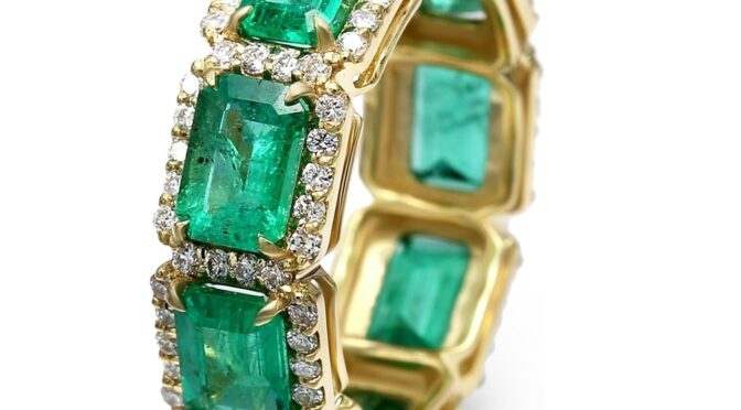 14K Yellow Gold Emerald Eternity Ring with Diamonds 7.02 Total Carat