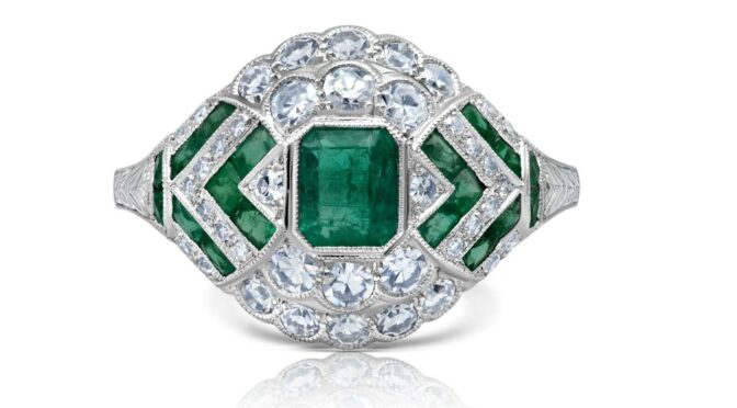 Emerald and Diamond Platinum Ring Handmade Art Deco Antique Finish Natural Certified