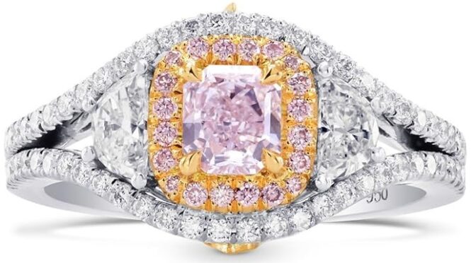 Leibish & Co 1.15Cts Pink Diamond Engagement 3 Stone Ring Set in Platinum & 18K Rose Gold