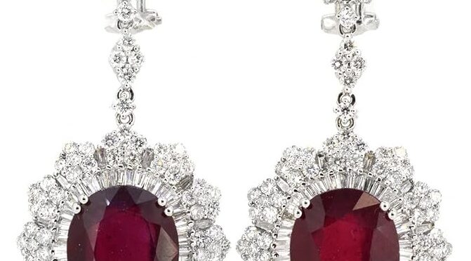 Ruby Dangling Earrings 17.11 carats with Natural Baguette and Round Brilliant Diamonds 4.96 carats, Set in solid 18K White Gold