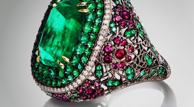 Colombian Emerald, Ruby and Diamond 18K Gold Cocktail Ring
