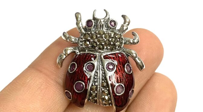 Art Nouveau Style Plique a Jour Enamel Ladybird/Ladybug with Stone Pin Brooch and Pendant 925 Sterling Silver